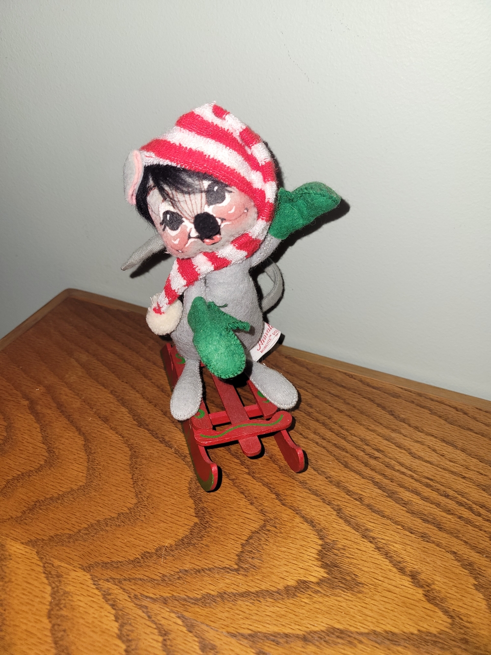 Annalee Grey Mouse with Red & White Striped Hat and Green Mittens